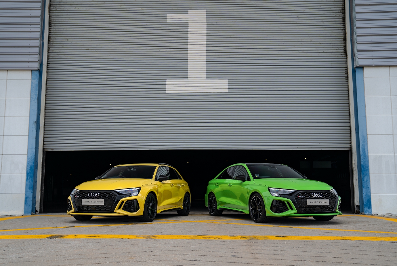 Audi RS 3 Sportback in Python Yellow & RS 3 Sedan in Kyalami Green