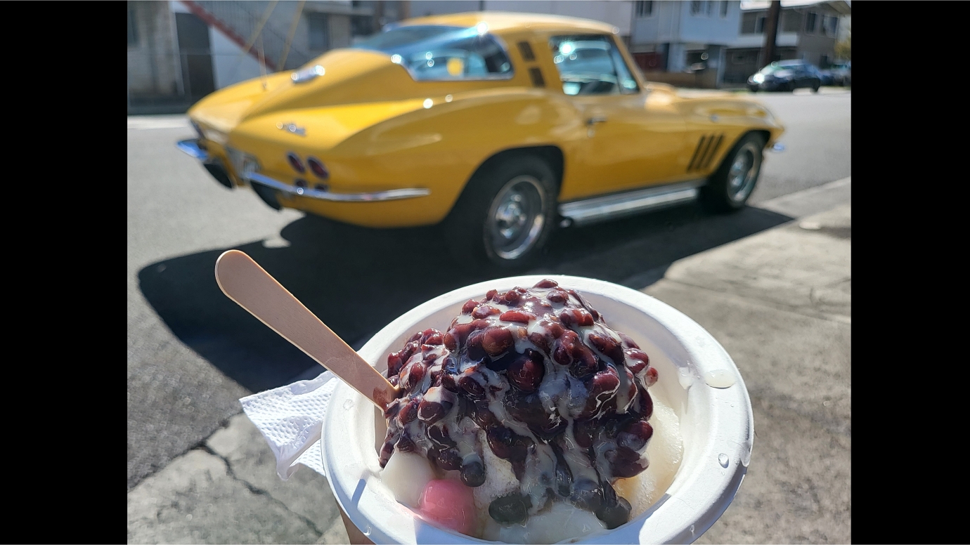 Azuki beans, mochi and evaporated milk over shave ice from Waiola